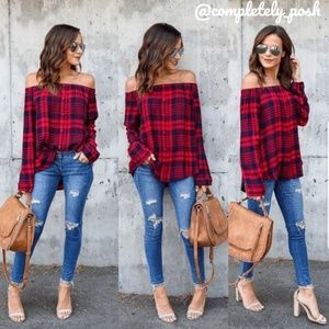 CLOSEOUT🔥Red Off Shoulder Flannel Shirt